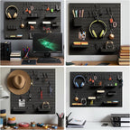 4Pcs Black Peg Board Wall Organizer, Plastic Pegboard Panel, Garage Storage Tool Organizer for Wall, Craft Room, Kitchen, Workshop, Office, Includes Hooks and Bins