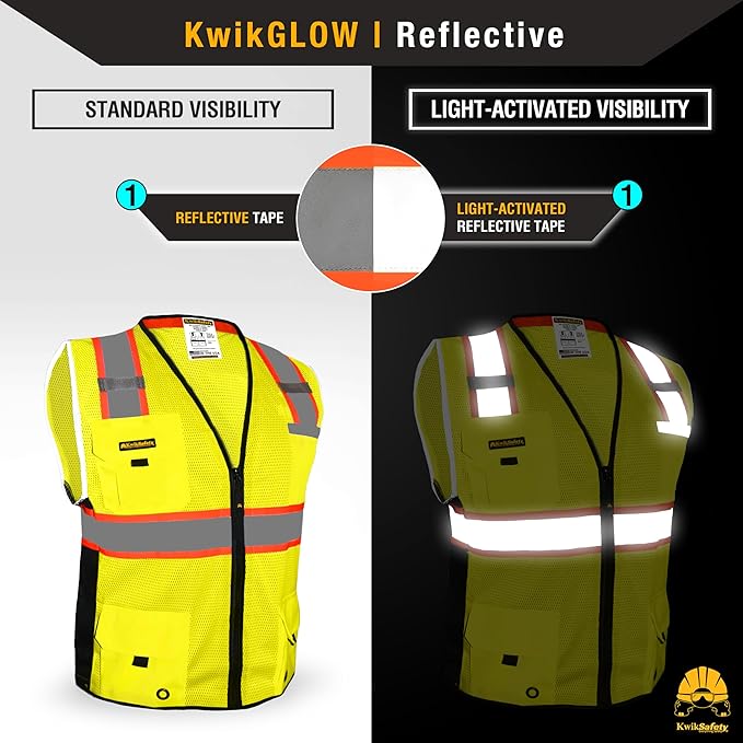 KwikSafety - Charlotte, NC - BIG KAHUNA Safety Vest [11 Pockets] Class 2 ANSI OSHA Reflective Vest Durable High Visibility Vest Construction Safety Vest for Men Industrial Work Gear/Yellow XL