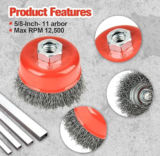 A A IN 8Pack Wire Wheel for Angle Grinder, 3 Inch Grinder Wire Wheel Brush with 5/8"-11 Threaded Arbor for Angle Grinder, 0.014'' Carbon Steel Crimped Wire Cup Brush for Rust,Corrosion,Paint Removal