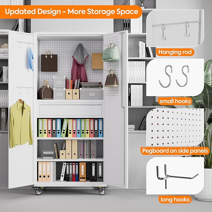Metal Garage Storage Cabinet with Wheels,71" H Rolling Tool Cabinet with Pegboard,Hooks and 1 Drawer for Garage Warehouse Home, Assembly Required,White