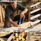 GREBSTK 4 Pcs Wood Chisel Set, CRV Steel Bevel Sharp Edge Bench Chisels with Safety Caps, Comfortable Rubber Handle, for Woodworking and DIY Projects, 9“x(1/4", 1/2", 3/4", 1")