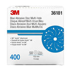 3M Hookit Blue Abrasive Discs 36181, Multi-Hole, 6 in, 400+ Grade, Pack of 50, Virtually Dust-Free, for Auto Sanding, Body Repair, Featheredging, Primer Sanding, Paint Preparation, E-Coat