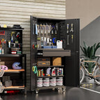 71" Metal Garage Storage Cabinet with 16 Hooks and Pegboards,1 Drawer Inside Rolling Tool Storage Cabinet with Adjustable Shelves,3 Metal Hanging Rod for Garage,Warehouse