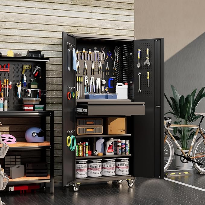 71" Metal Garage Storage Cabinet with 16 Hooks and Pegboards,1 Drawer Inside Rolling Tool Storage Cabinet with Adjustable Shelves,3 Metal Hanging Rod for Garage,Warehouse