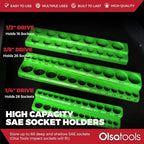 Olsa Tools Magnetic Socket Organizer | 3 Piece Socket Holder Kit | 1/2-Inch, 3/8-Inch, & 1/4-Inch Drive | SAE Green | Holds 68 Sockets | Professional Quality Tools Organizer