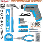 Hi-Spec 35pc Blue Tool Kit with 3.6V USB Electric Screwdriver and Drill set. Complete General Tool Set