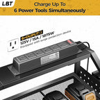 LBT 4 Layer Power Tool Organizer Wall Mount With Charging Station, Patented, 6 Outlet Power Strip, 6 Drill Holder, Heavy Duty Metal Garage Tool Storage Rack, Gifts For Men Fathers Day