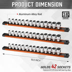 ALOANES 3-Piece Magnetic Socket Organizer, Heavy Duty Aluminum Socket Rails Organizer, 360° Swivel Clips Socket Holder Kit for Tool Box, 3/8-Inch Socket Holder x 42 Clips (Orange)