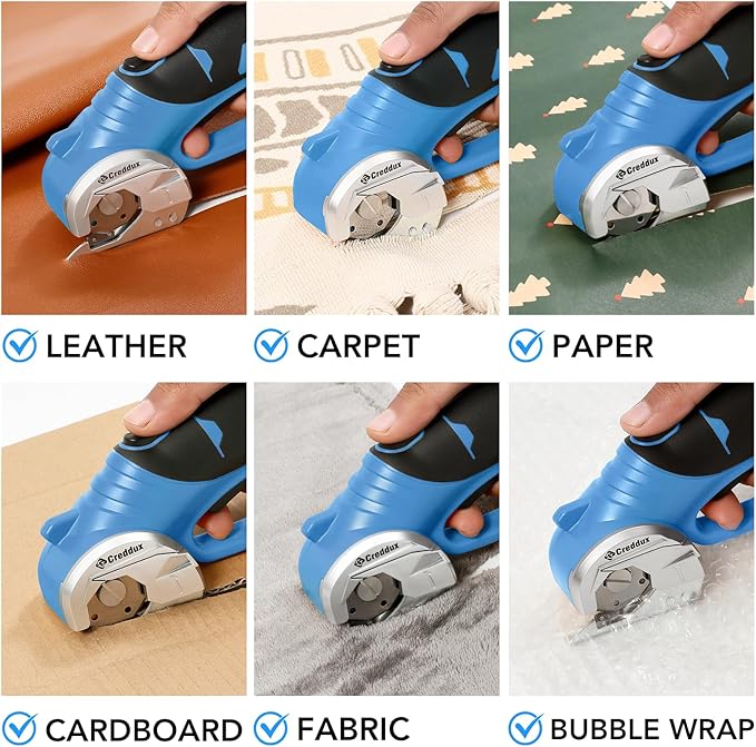 4v Cordless Electric Scissors, Electric Box Cutter With LED Light and Safety Lock, Cardboard Cutter, Rotary Cutter for Cardboard Leather Carpet Plastic Blue