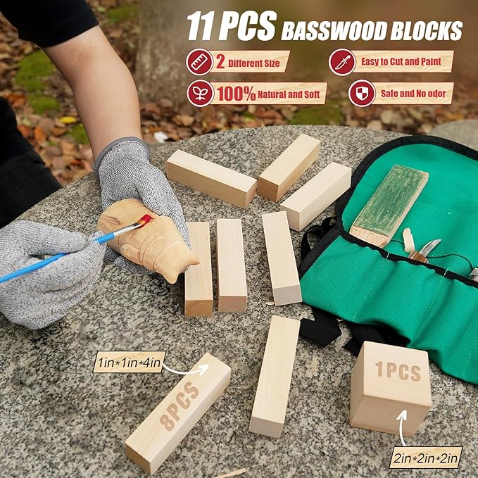 Wood Carving Kit, Whittling Kit for Beginners 17PCS Wood Carving Tools with 3PCS Whittling Knife 9PCS Basswood Blocks & Gloves & Strop Block & Polishing Compound Wood Carving Set Hobbies for Adults