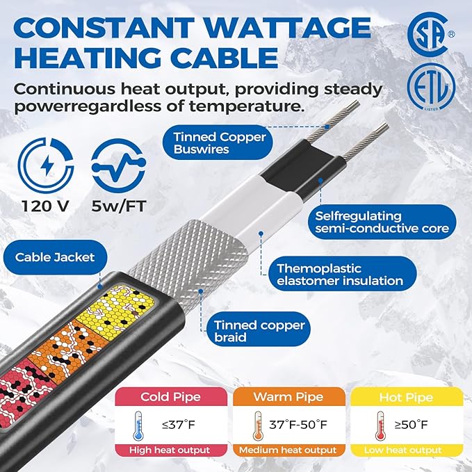 5W/FT 120V Pipe Heat Tape 6FT (3FT-200FT) - Freeze Protection Heating Cable for Metal/Plastic Water Pipes, Maintains Flow at -40°F
