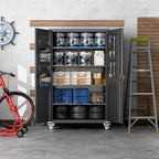 Metal Storage Cabinets on Wheels, 72.05" Steel Lockable Tool Cabinet with Shelves Pegboards Hooks for Home Office School Garage Warehouse Utility Room, Assembly Require, Black