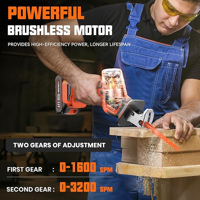 Cordless Reciprocating Saw With 8 Blades – 2×4000mAh Batteries, Brushless Motor, Variable Speed 0‑3200 SPM, Tool‑Free Blade Change, Power Reciprocating Saw for PVC Wood, Metal Cutting DIY