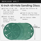 6-Inch 49-Hole Sanding Discs Assortment - 80, 120, 150, 180, 220 Grit (10 of Each) - Heavy-Duty Hook & Loop Film Discs - Sandpaper for Random Orbital Sanders - 50 Pack Box