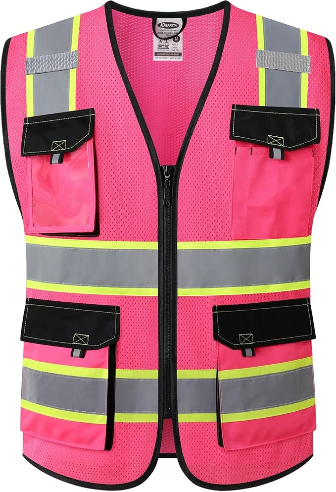 JKSafety Hi Vis Reflective Safety Vests for Men Women High Visibility Vest with Pockets Mesh Fabric Construction Safety Apparel Neon Vest for Work (220-Pink S)