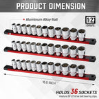 ALOANES 3-Piece Magnetic Socket Organizer, Heavy Duty Aluminum Socket Rails Organizer, 360° Swivel Clips Socket Holder Kit for Tool Box, 1/2-Inch Socket Holder x 36 Clips (Red)