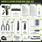 WORKPRO 43PCS Cordless Lithium-ion Drill Driver & Toolbox, 8V 2.0 Ah Power Drill Set with Household Hand Tool Kit, Battery Powered Screwdriver with Stackable Tool Box