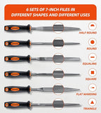 7'' Needle File Set - Carbon Steel 6-Piece With Handles, Hardened Alloy Strength Steel - Includes Flat, Flat Warding, Square, Triangular, Round, and Half-Round Files