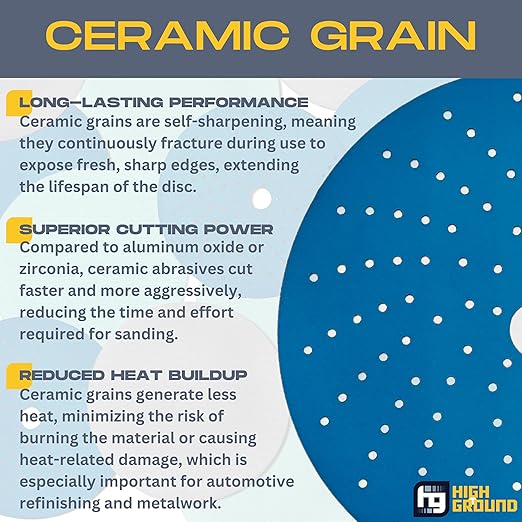 High Ground 6 Inch Multi-Hole Hook and Loop Clean Sanding Disc, Ceramic Abrasive, Dust-Free, High Performance, Long Lasting - 50pcs (Blue, 6 Inch, 320.0, Extra Fine)