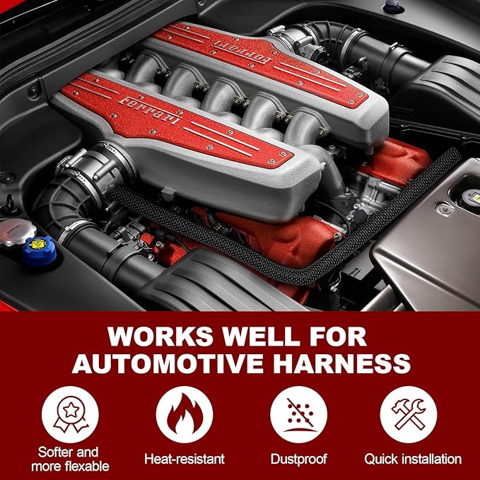 Automotive Wire Loom High Temperature Braided Wraps, Split-Sleeve Heat Resistant Wiring Tubing Cord Cover for Harness Wires, Self-Wrapping Heavy Duty Sheathing Cable Management Black（16ft-1/2inch ）