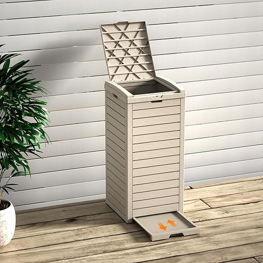 Vixzen 38Gallon Outdoor Trash Can with Lid,Waterproof Resin Waste Bin,Lightweight,Large Sturdy Garbage Bin for Patio,Kitchen,Backyard,Gray
