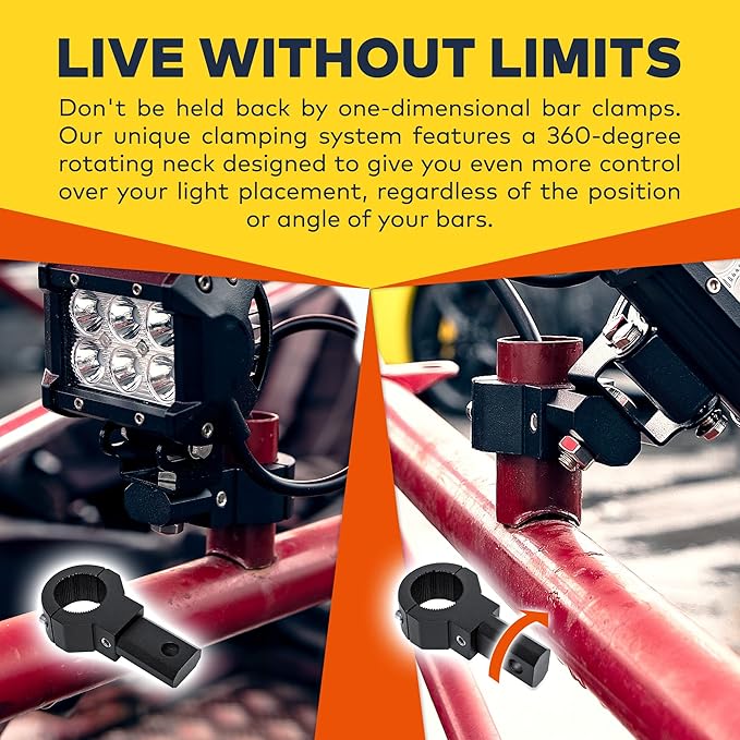LAMPHUS Off-Road ATV UTV Light Bar Mounts Mounting Bracket Mini Bar Clamp Kits [0.75"/1"/1.25" Inch] [360-Degree] [2 Stud Sizes] [Aluminium] [2 Unit] Bull Bar Roll Bar Clamp Roll Cage Clamps Mount