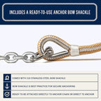 RainierSupplyCo Boat Anchor Rope - Double Braided Marine Rope Anchor Line - 50 ft x 1/4 Inch Nylon Boating Line with 316 Stainless Steel and Heavy Duty Marine Grade Bow Shackle - White/Gold