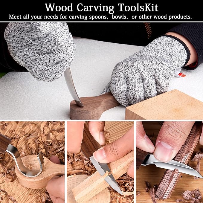 Wood Carving Tools Set,Detail and Hook Carving Knife Kit for Beginners,Trimming Knife for Spoon Bowl Cup Woodwork,Round Handle Design and 6pcs SK2 Carbon Steel Wood Carving Knives（10pcs）