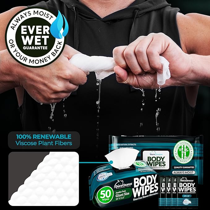 After Gym Body Wipes for Men (4pk) - 200 XL No Rinse Shower Wipes + 16 Travel Bath Sheets - 9"x12" - Mens Deodorant Disposable Washcloths for Bathing, Camping Essentials, Survival Gear and Supplies