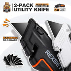 REXBETI 2-Pack Utility Knife, SK5 Heavy Duty Retractable Box Cutter for Cartons, Cardboard and Boxes, Blade Storage Design, Extra 10 Blades Included（Total 18 Blades）