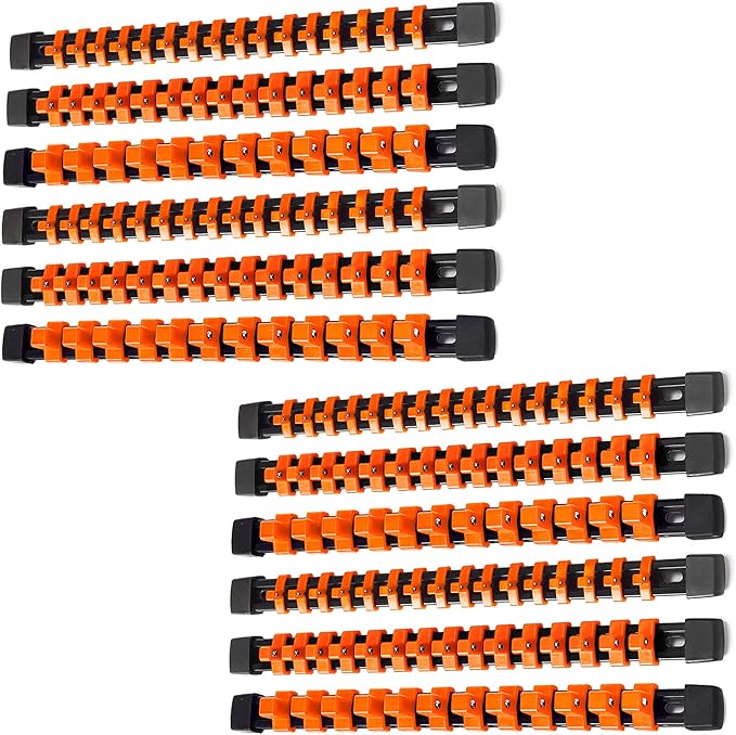 ALOANES 12 PC ABS Socket Organizer,1/2 inch, 3/8 inch, and 1/4 inch Drive Socket Rail Holders, Heavy Duty Socket Racks, Black Rails with Orange Clips