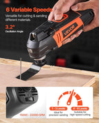 VEVOR Multitool Oscillating Tool, 3Amps Corded Oscillating Multi Tool with 6 Variable Speeds 15000-22000 OPM, 3.2° Oscillating Angle, 13PCS Saw Accessories, LED Work Light & Tool Bag