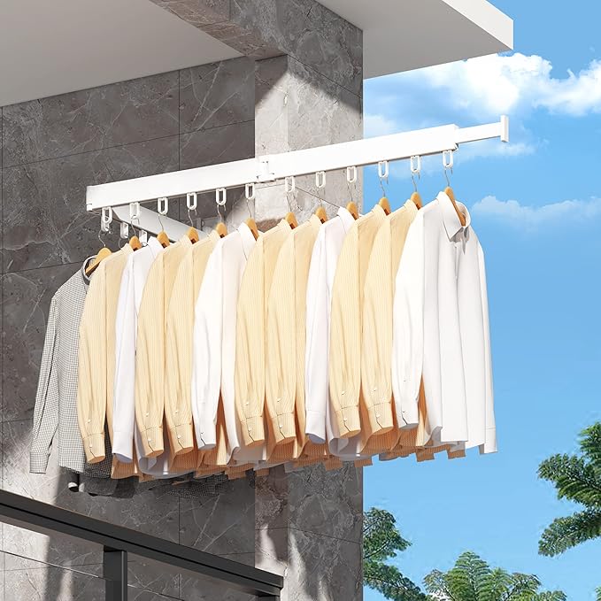 Clothes Drying Rack,Laundry Drying Rack,Wall Mounted Clothes Rack,Laundry Rack Wall Mount,Folding Retractable Collapsible Drying Rack Clothing (Three-Poles,Loop Hooks,White)