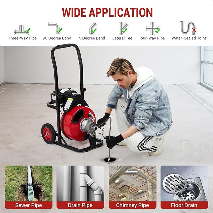 Auto Feed 100 FT x 1/2 Inch Drain Cleaner Machine with 370W Motor, Portable Sewer Snake Auger with 8 Cutters & Air-activated Foot Switch, Fits 1" to 4" Pipes, Black & Red