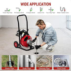 Auto Feed 100 FT x 1/2 Inch Drain Cleaner Machine with 370W Motor, Portable Sewer Snake Auger with 8 Cutters & Air-activated Foot Switch, Fits 1" to 4" Pipes, Black & Red