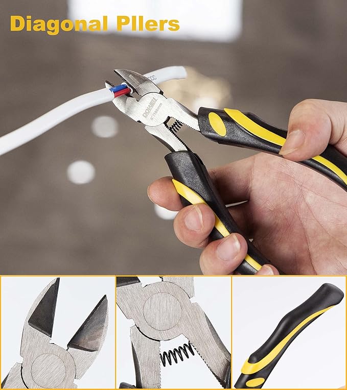 DOWELL 7-Piece Pliers Set - 10-Inch Groove Joint, 8-Inch Adjustable Wrench, Combination, 6-Inch Long Nose, Diagonal Cutting, Screwdrivers - Maintenance Tool Kit With Pouch