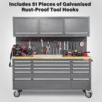 HAUTMEC 72" Rolling Tool Chest, Mobile Garage Workbench, Heavy-Duty Tool Cabinet on Wheels with 15 Drawers, 3 Upper Cabinets, Pegboard & 51 Hooks, Oak Work Surface & Power Strip – HT0428