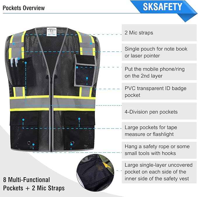 SKSAFETY 10 Pockets Safety Vest, Class 2 High Visibility Security with Zipper Double-sided mesh, Hi Vis Vest with Reflective Strips, ANSI/ISEA Standard, Construction Work Vest （Black, 4XL）