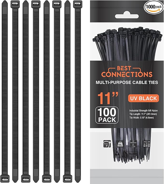 BEST CONNECTIONS Black Cable Zip Ties 11 Inch Multi-Purpose Self-Locking Nylon Wire Ties with 50 Lbs Tensile Strength Cable Management Ties for Outdoor & Indoor - 1,000 Pack