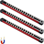 ALOANES 3-Piece Magnetic Socket Organizer, Heavy Duty Aluminum Socket Rails Organizer, Socket Rail Holder for Tool Box, 1/4-Inch Socket Holder x 45 Stainless Clips (Red)