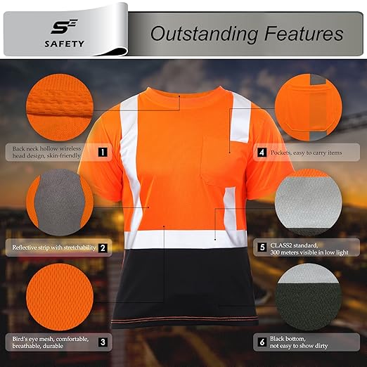 sesafety Hi Visibility Shirts for Men, Safety Shirts with Reflective Strips Class 2, Hi Vis Construction Work Shirt with Pocket Orange L