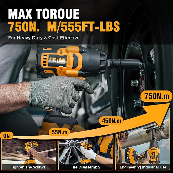 Alloyman 1/2 inch Cordless Impact Wrench, (750 N.m) 555 Ft-lbs Hight Torque Electric Impact Gun,20V Power Impact Driver, Brushless Motor 2000 RPM, 6 Sockets,3 Extension Bars, 4.0AH Li-ion Battery