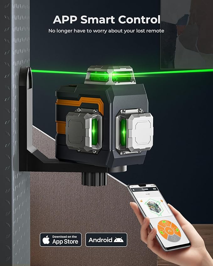 3x360° Laser Level with Remote&APP Control, CIGMAN Green Self Leveling Cross Line Laser for Construction and Picture Hanging, 3D Vertical/Horizontal Line, Magnetic Rotating Stand Included, CM-S01