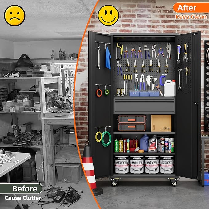 Metal Garage Storage Cabinet with Wheels and Doors,71" H Rolling Tool Cabinet with Pegboard and Drawer for Garage Warehouse Home,Required Assembly,Black