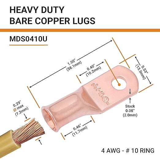 SELTERM 10pcs 4 AWG - #10 Stud - Battery Lugs, Heavy Duty Wire Lugs, Ring Terminals, Battery Cable Ends,4 Guage Terminals, UL Bare Copper Eyelets Electrical Battery Terminal Connectors