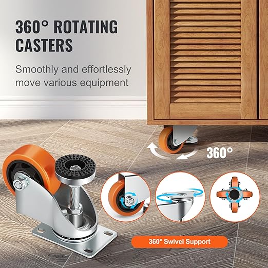 VEVOR Leveling Casters, Set of 4, 1800 lbs Total Load Capacity, 3 inches Diameter, Heavy Duty 360 Degree Swivel Caster Wheels, Adjustable Casters with Feet for Workbench, Machine, Equipment, Furniture