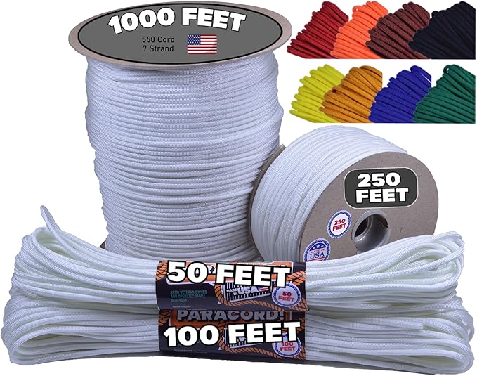 BORED? PARACORD! 550 lb Paracord - Ideal for Crafting, Camping, DIY Projects, Active & Military Outdoors - Strong Survival Rope - Tactical Parachute Cord Type III - White 250 Feet