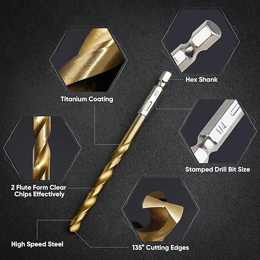 TICONN 30 PCS Titanium Coated Drill Bit Set with Hex Shank, 135 Degree Tip High Speed Steel Drill Bits Kit with Storage Case for Steel, Aluminum, Copper, Soft Alloy Steel Size from 1/16" to 1/2"