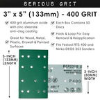 3" x 5" (80mm x 133mm) 14-Hole 400 Grit Sanding Sheets - Fits Festool RTS 400 & Mirka Deos 353 - Heavy-Duty Hook & Loop Film Abrasives - Sandpaper for Sheet Sanders - 50 Pack Box