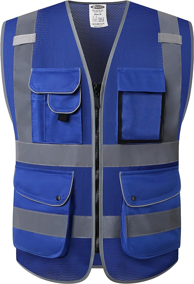 JKSafety 9 Pockets High Visibility Safety Vest for Men and Women, Hi-Vis Reflective Blue Safety Vests with Zipper Front, Meet ANSI/ISEA Standards (159-Blue 3XL)